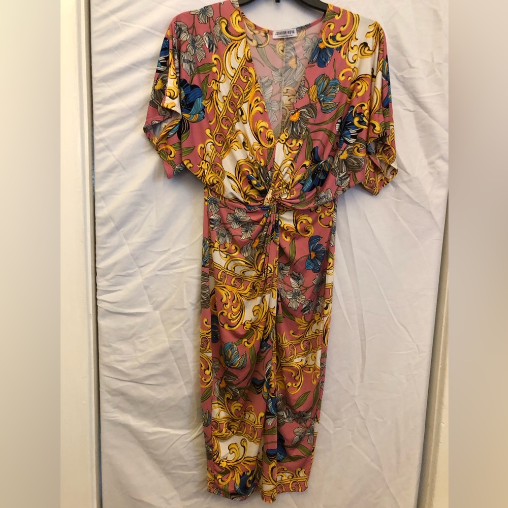 Small Fashion Nova  Floral V-Neck Dress in Pink and Yellow